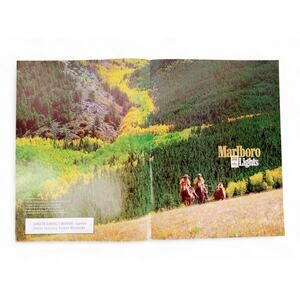 2001 Marlboro Lights 2pg Print Ad Rugged Cowboys on Horses Green Wilderness